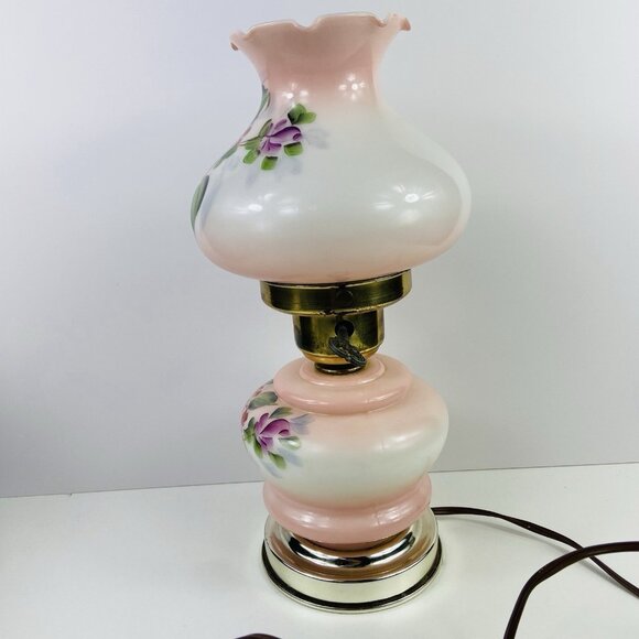 Vintage Hurricane Lamp 12.5” Pink Floral Hand Painted Glass Brass Electric - Picture 9 of 10